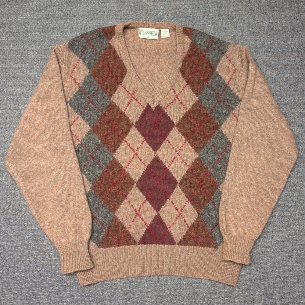 Vtg Classics Mens V-Neck Argyle Sweater 100% Shetland Wool Made in Italy Brown L